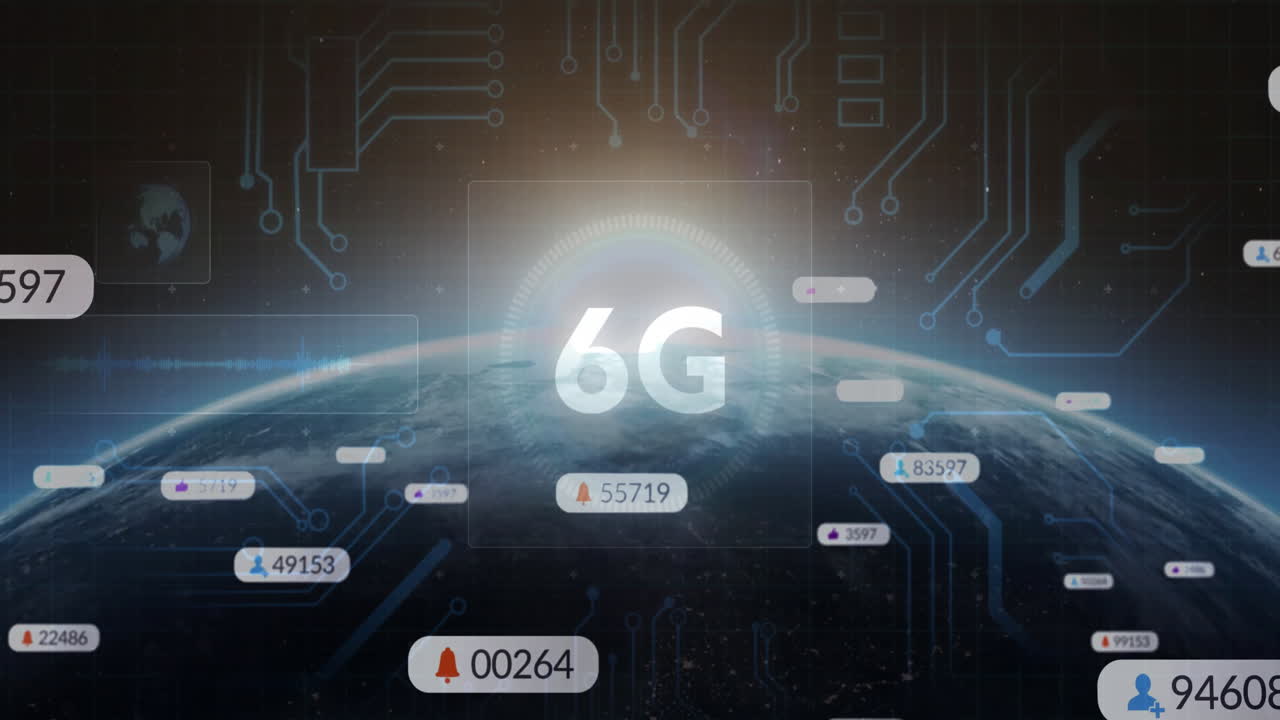 6G technology with digital data animation and network connections over Earth