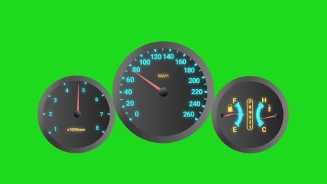 car speedometer animation with car speed, patrol and  rpm sigh on green screen.  concept for gaming, car and speed.