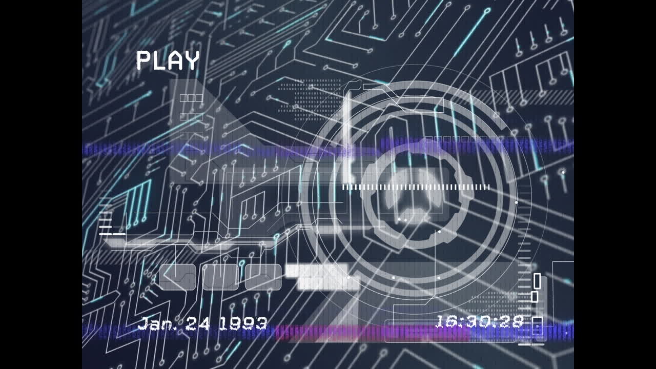 Animation of interference over scope scanning and computer circuit board on black background
