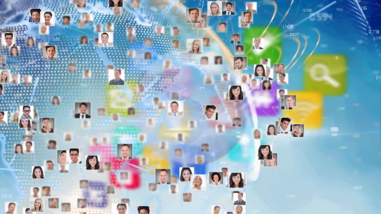 전 세계에 있는 디지털 아이콘과 사람들의 사진으로 연결된 네트워크의 애니메이션