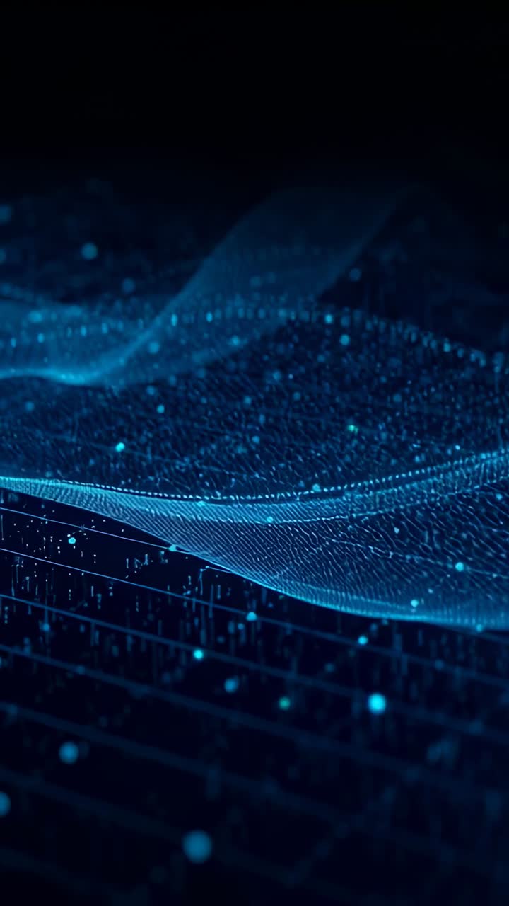 Vertical video: Emerging blue wave mesh pulsing in 3D data space, with glowing grid and data points