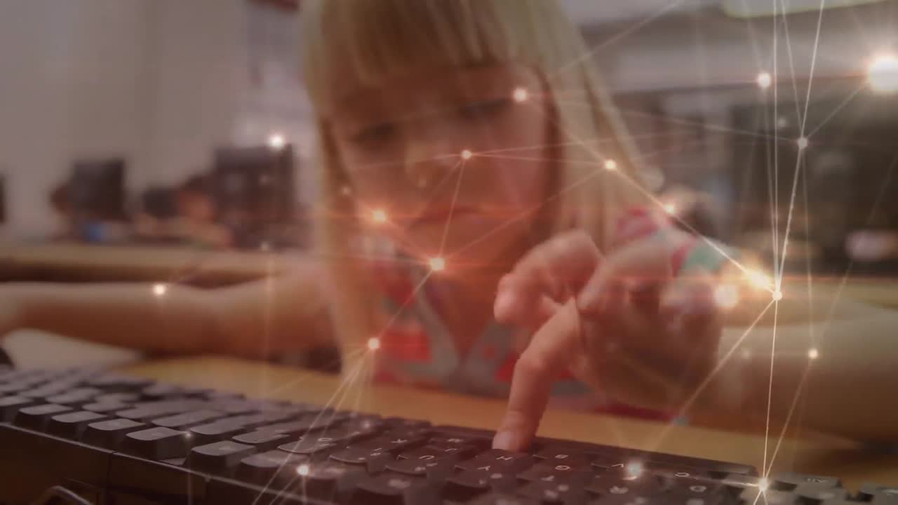 Glowing network of connections against caucasian girl using computer at school