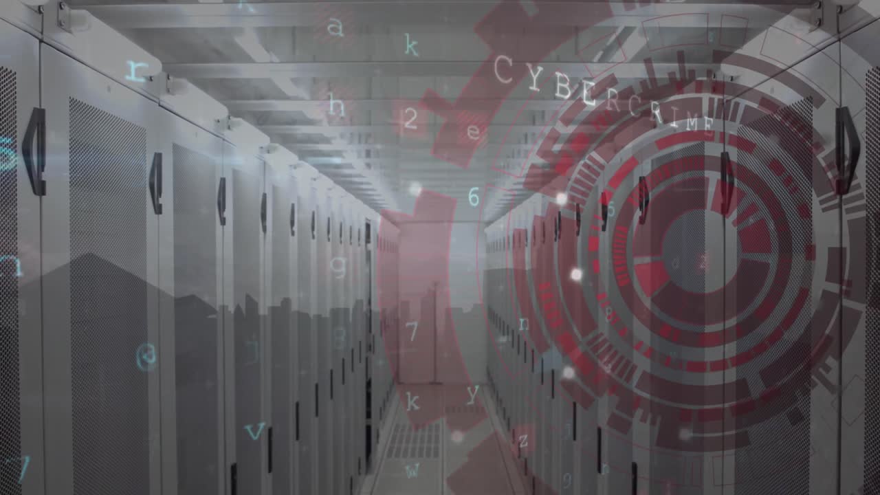 animación del procesamiento de datos de seguridad cibernética y escáner redondo girando contra la sala de servidores