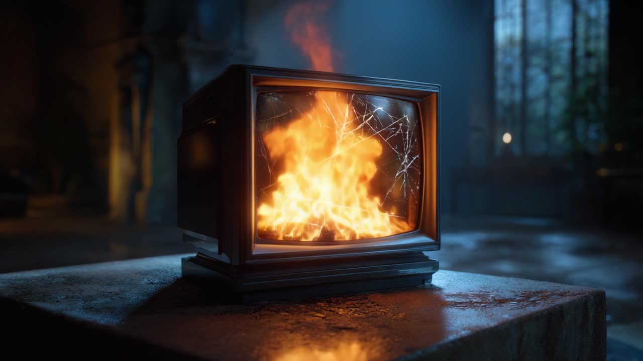 Et vintage fjernsyn oppslukt av flammer, som viser en intens brann omgitt av et mørkt, stemningsfullt miljø med en bakgrunn av knust glass og uhyggelig belysning.