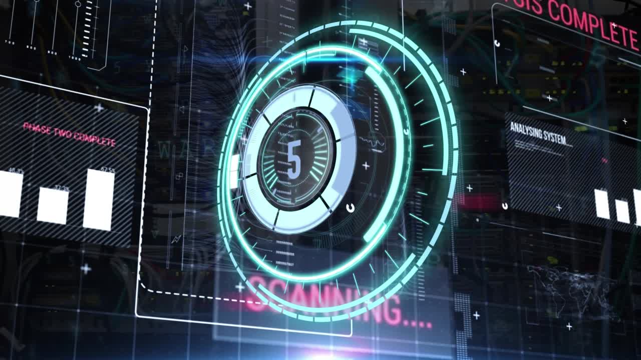 Countdown over neon round scanner against digital interface with data processing