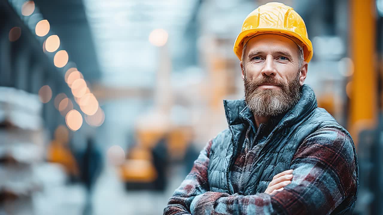 A Confident Construction Worker in a Warehouse Setting Wearing a Hard Hat,Exhibiting Leadership and Professionalism Amidst Industrial Equipment and Activity