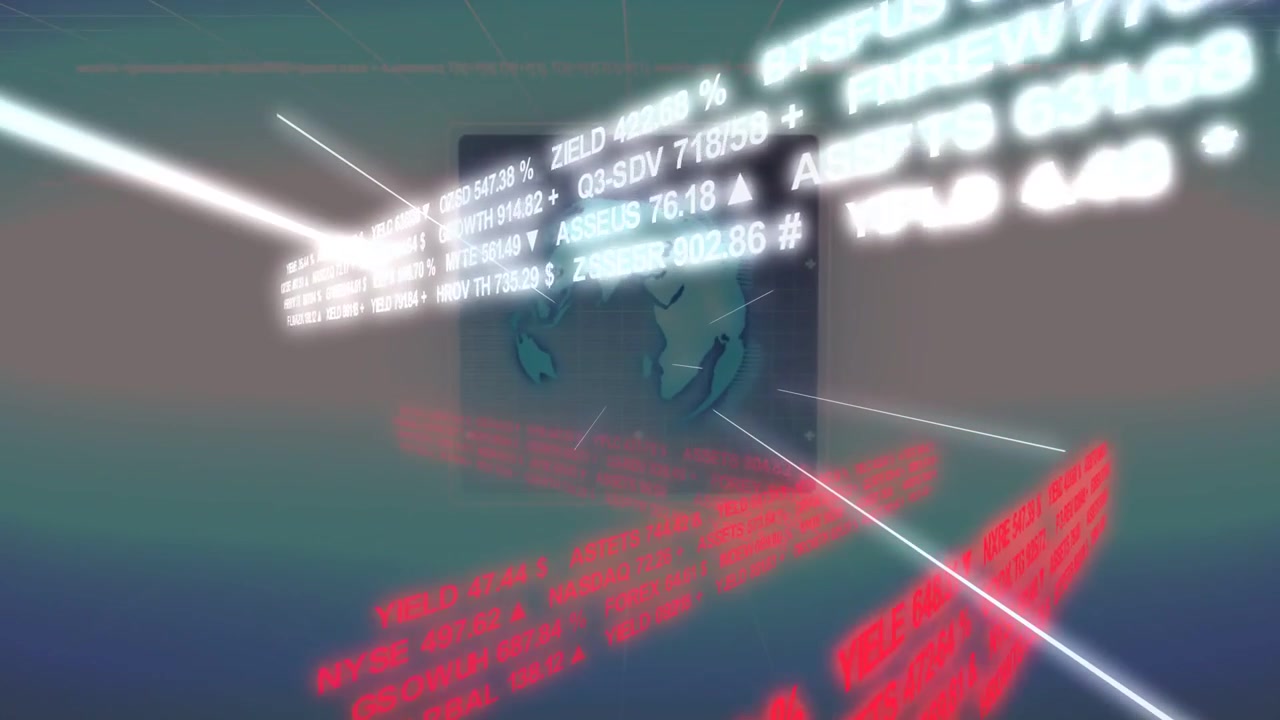 Camera moving forward module growing rings revealing globe white strip and red feed displaying data