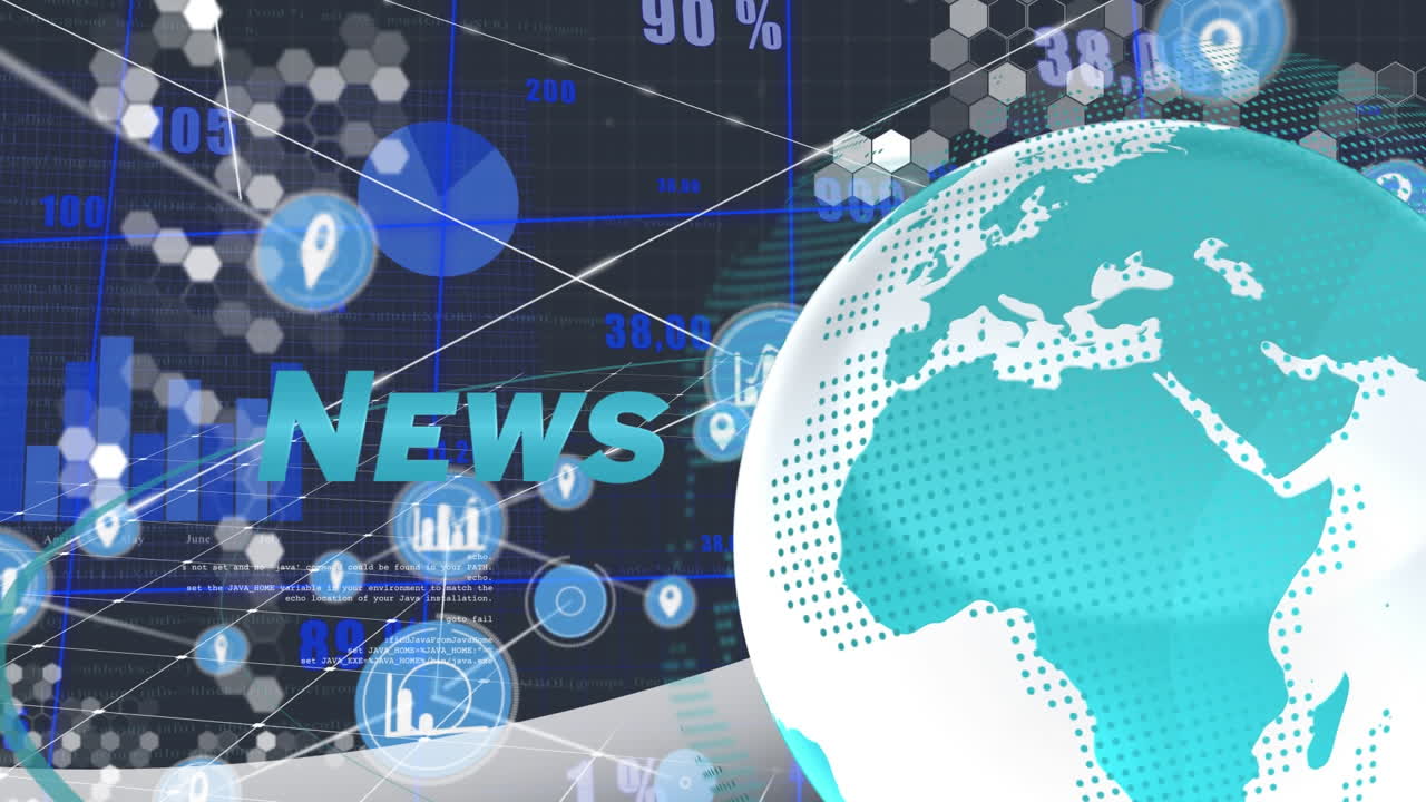 가짜 뉴스 텍스트, 연결된 아이콘, 그래프, 숫자 및 프로그래밍 언어의 애니메이션