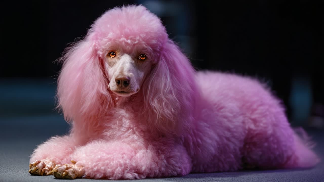 Stüdyo ortamında, odaklı aydınlatma altında rahatlayan, kabarık kürkü ve kendine özgü özellikleri ile dikkat çeken pembe bir Poodle