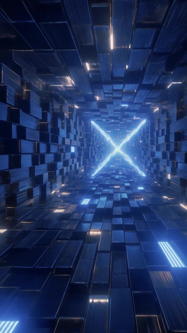 Abstract 3D Tunnel with Glowing Blue Geometric Blocks