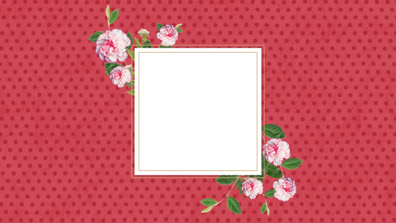 Animazione di biglietto quadrato vuoto decorato con fiori rosa e file di puntini rossi su sfondo rosa