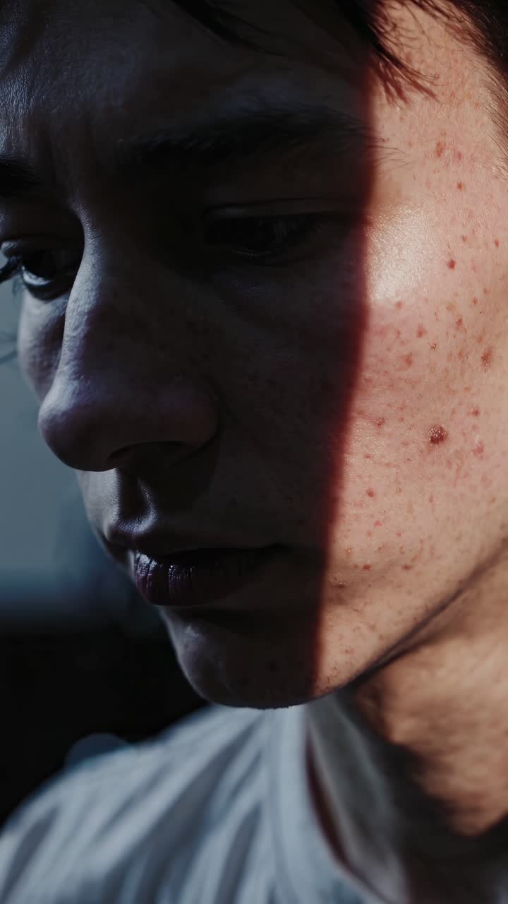 Ritratto ravvicinato che rivela la texture della pelle, le imperfezioni del viso di un giovane uomo, incarnando la bellezza autentica e l'accettazione di sé in mezzo a diverse apparenze