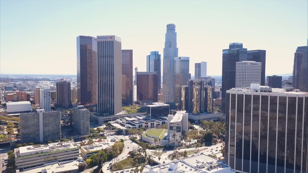 Los Angeles California USA Downtown, Cinematic Ascending Aerial View of Skyscrapers Business and Hotel Buildings