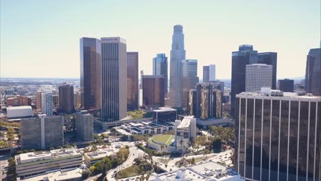 los angeles california usa downtown, cinematic ascending aerial view of skyscrapers business and hotel buildings