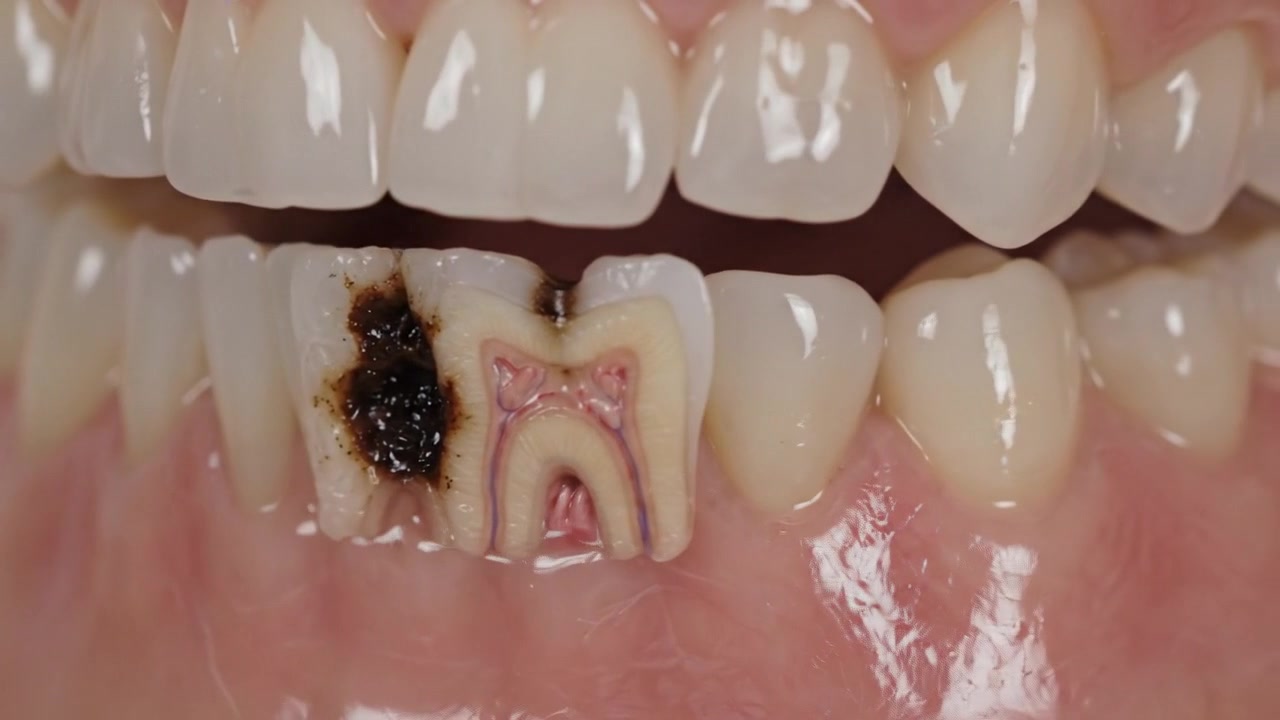 Dental cross section showing missing tooth and damaged gum tissue during a realistic clinical healthcare procedure