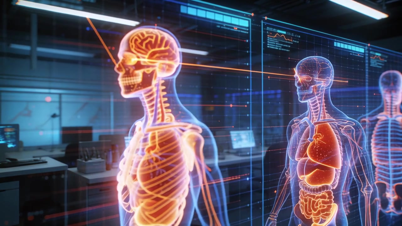 Avvio del sistema di laboratorio che esegue una scansione medica, con un ologramma centrale in panoramica mentre un raggio evidenzia il cervello e i pannelli dell'interfaccia utente.