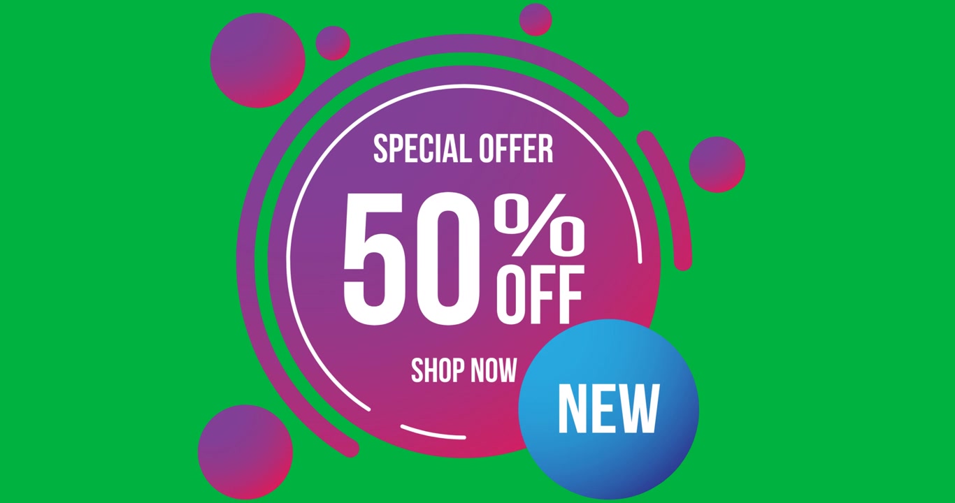Badge magenta che mostra "50% DI SCONTO" e "NOVITÀ" su sfondo trasparente per promuovere una vendita