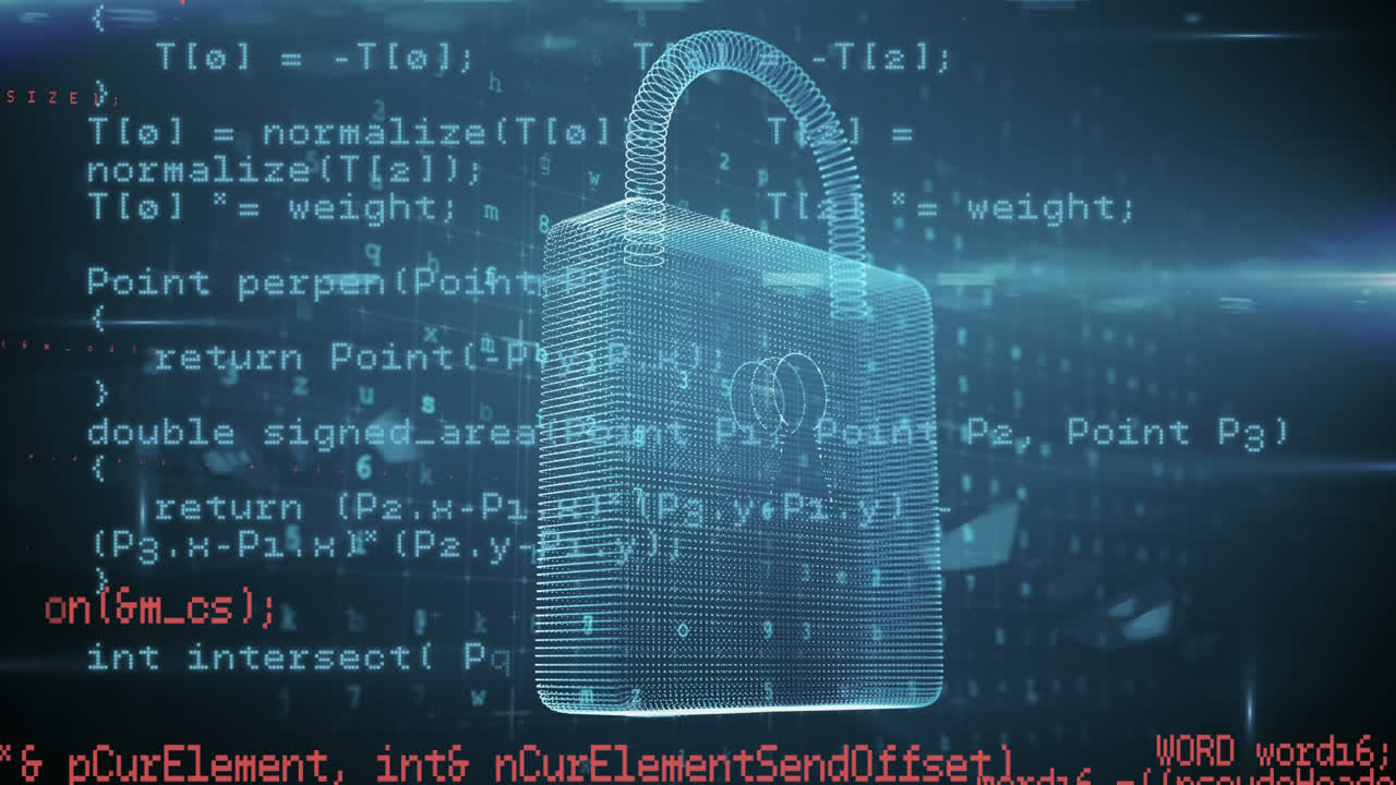 Animation of security padlock and data processing with network of screens in background 