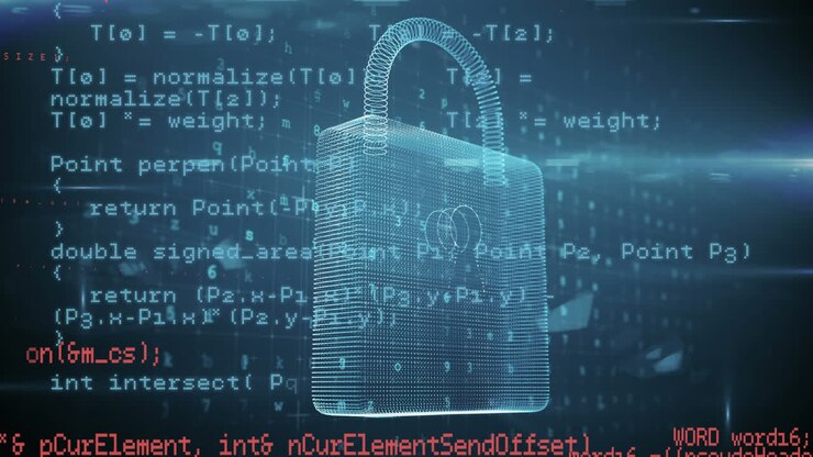 Animation of security padlock and data processing with network of screens in background
