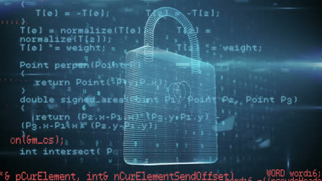 Animation-Eines-Sicherheitsvorhängeschlosses-Und-Der-Datenverarbeitung-Mit-Einem-Bildschirmnetzwerk-Im-Hintergrund-