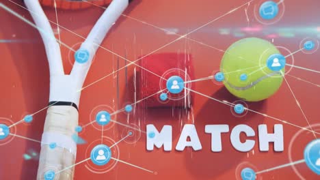 animation of network of connections with digital people icons over tennis ball and racket