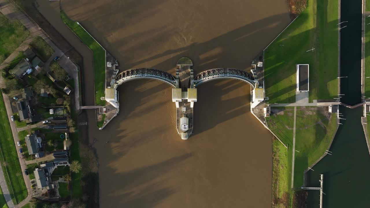 Top aerial view of Hagestein weir in Lek River, Vijfheerenlanden, Utrecht