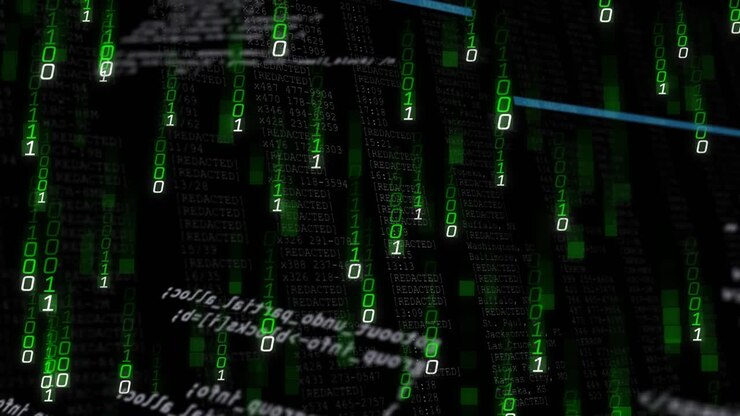 Blurred code starting green binary digits cascading as blue scan line sweeping and lighting code