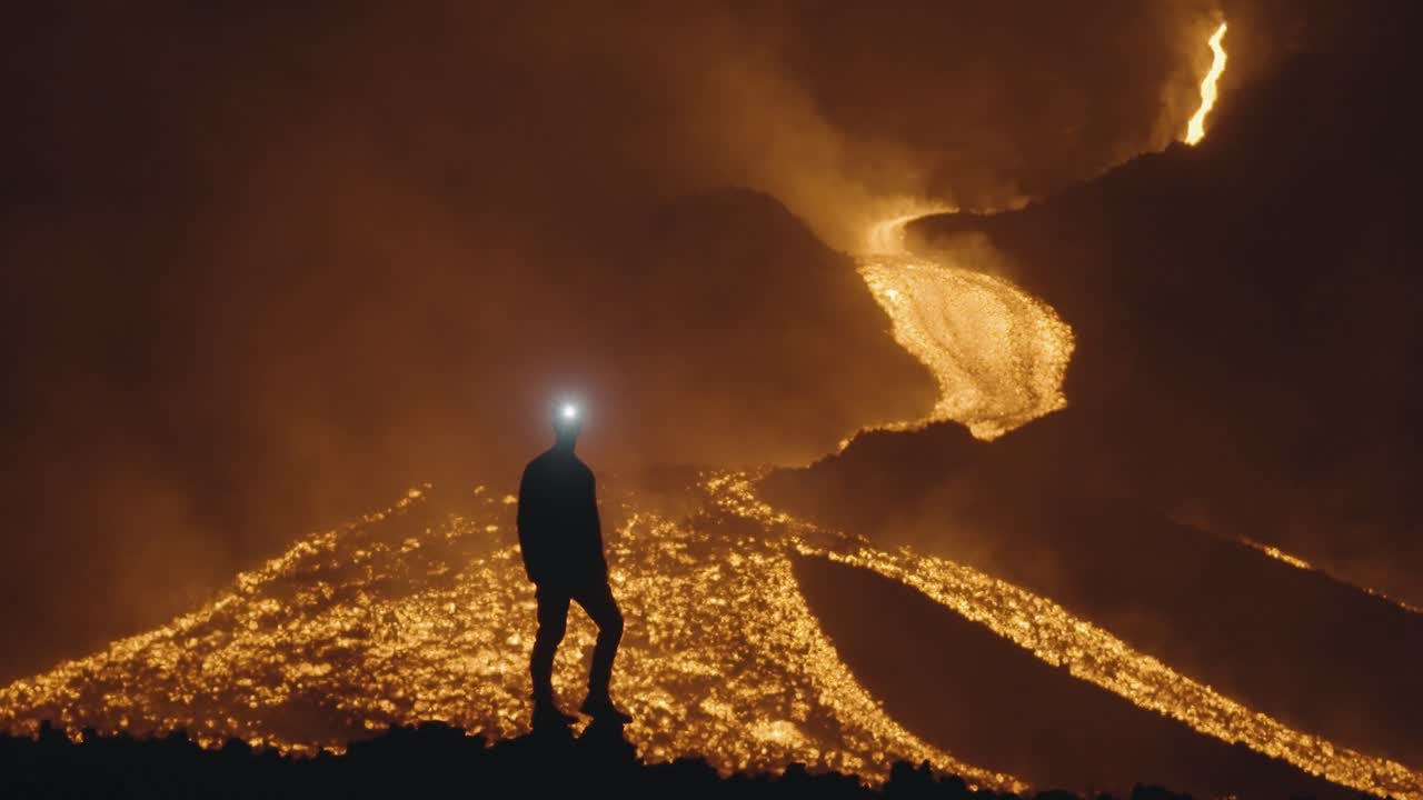 volcán pacaya, guatemala - una silueta de un hombre con un faro mirando los brillantes ríos de lava en la noche - foto de mano