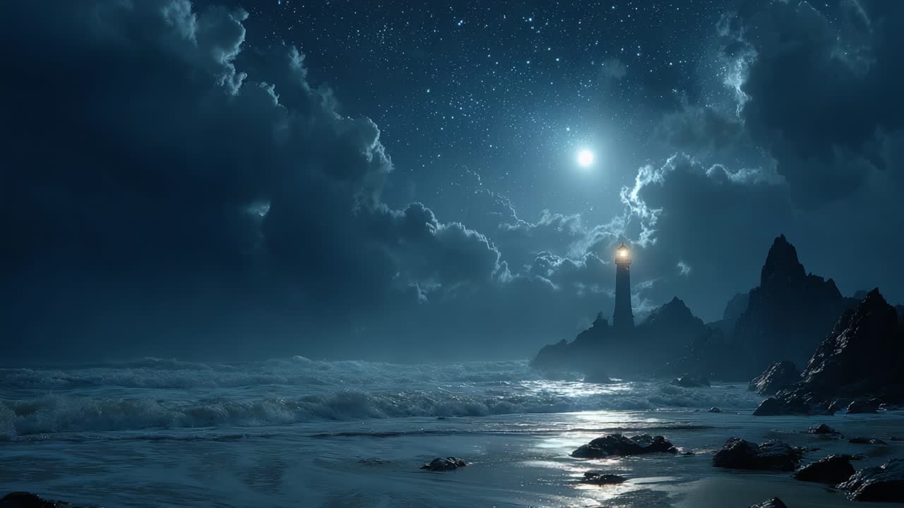 Un sereno paesaggio notturno con un cielo stellato e un imponente faro che guida il cammino tra rocce frastagliate e delicate onde oceaniche