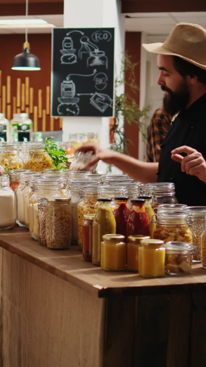 Vendedor de vídeos verticales informa a un cliente en una tienda de alimentos orgánicos