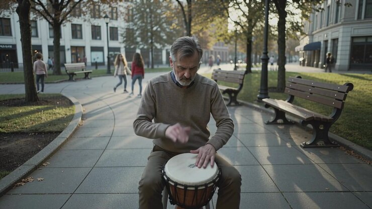 Park meydanında kazak giymiş, djembe çalarak yoldan geçenler için ritim tutan huzurlu yaşlı adam