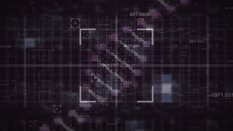 múltiples números cambiantes sobre la estructura del adn girando contra un fondo púrpura
