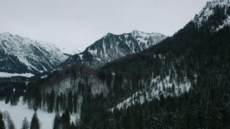 Schneebedeckte-Berge-Mit-Dichten-Wäldern-In-Einem-Bewölkten-Winter,-Luftaufnahme