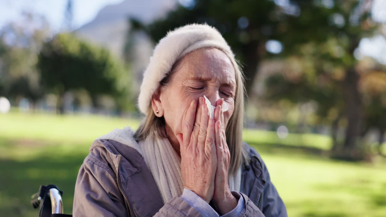 Senior woman with allergies blowing her nose in the park