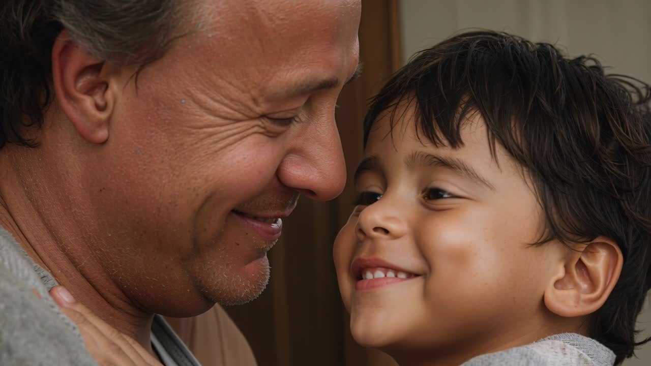 Responding to child's gaze, father in gray sweater holding son, hand on shoulder smiling at home
