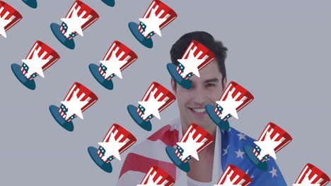 multiple american flag design hat icons against caucasian man with usa flag wrapped around him