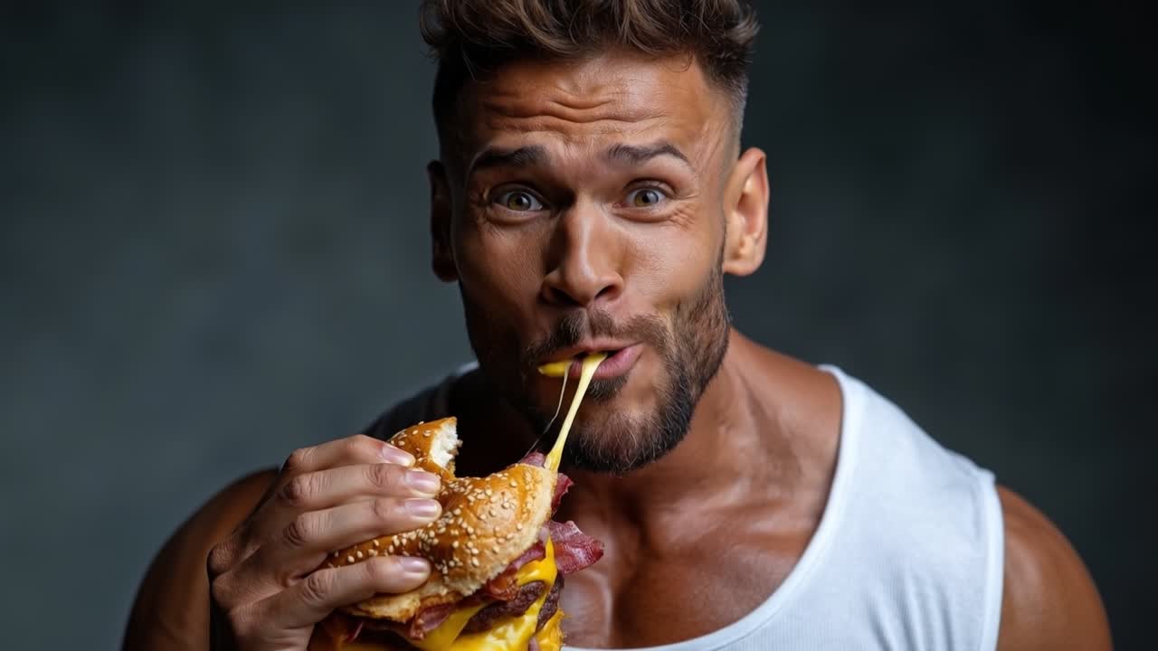 Hungriger muskulöser Mann beißt aggressiv in großen, köstlichen Cheeseburger als proteinreiche Mahlzeit