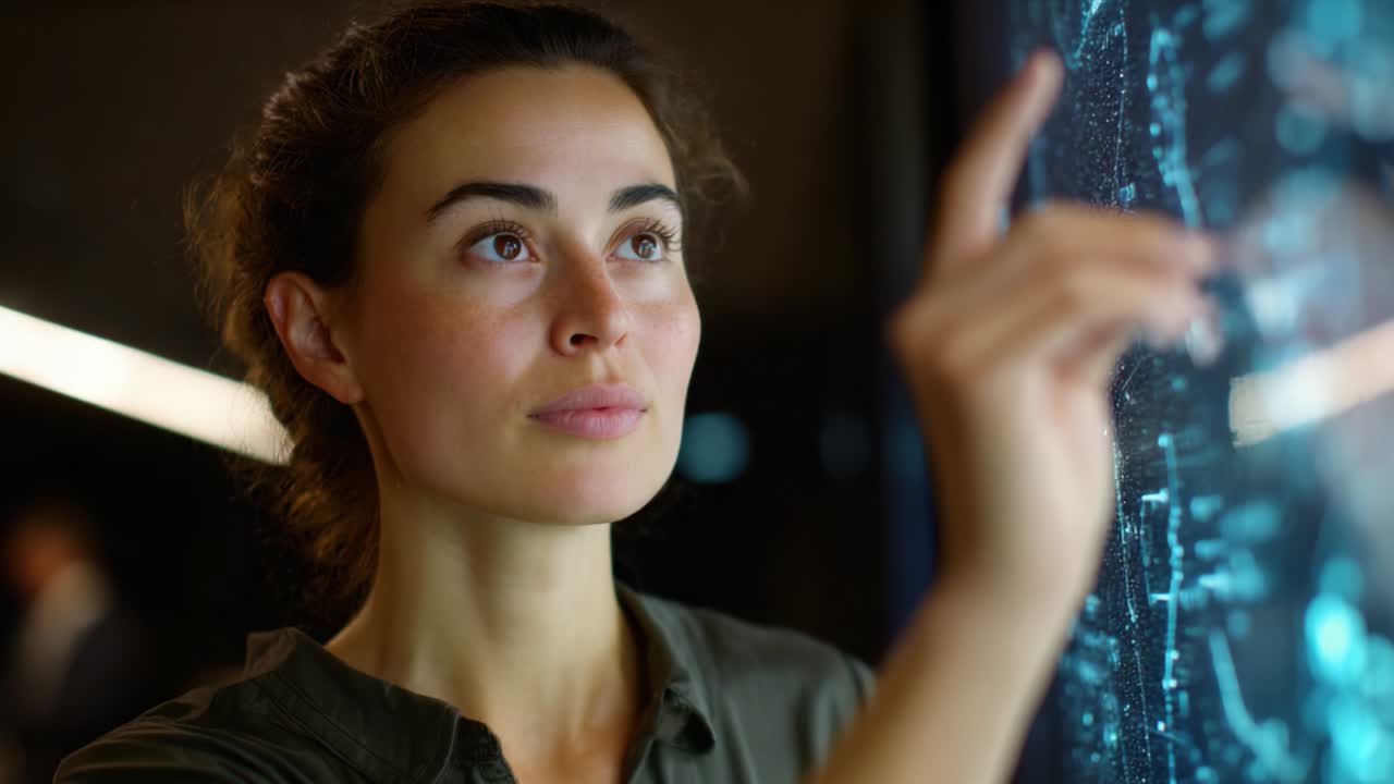 A focused woman engages with a digital interface, showcasing her interest in technology and innovation as she interacts with glowing data visualizations, emphasizing connectivity and insights in a modern environment