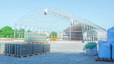 Static-shot-of-metal-frame-of-a-building-under-construction-in-timelapse