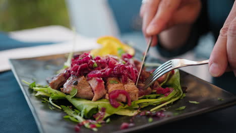 tender tuna gourmet dish with onion for a lunch at the beach resort