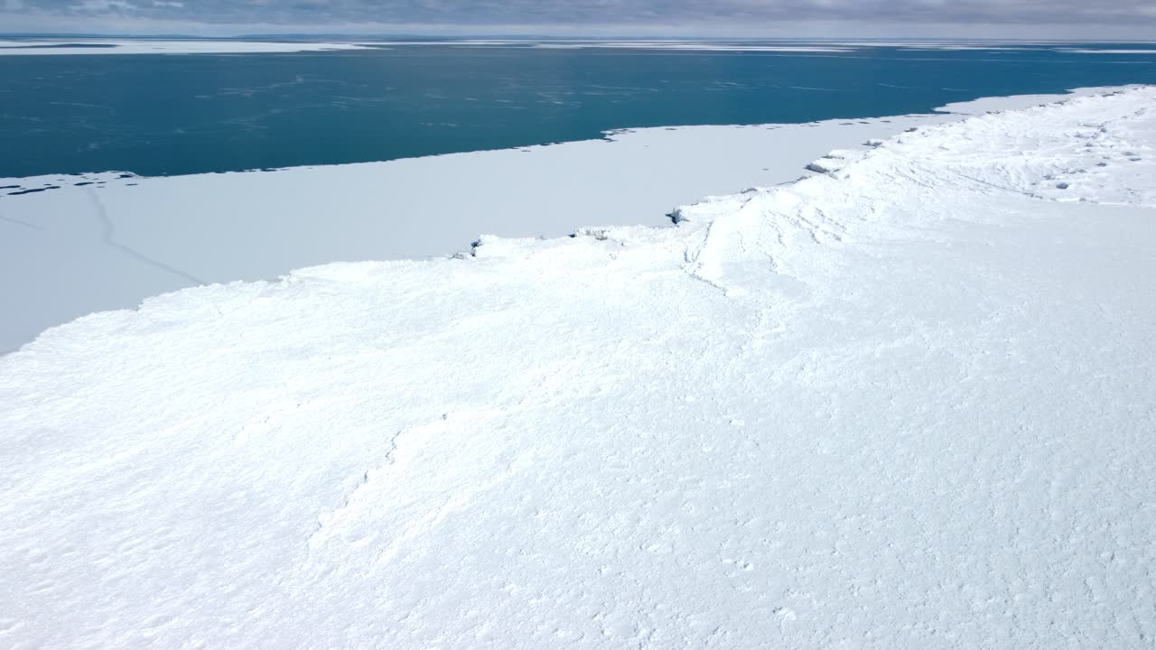 Cinematic Aerial Drone across frozen lake ocean 4K global warming and climate change