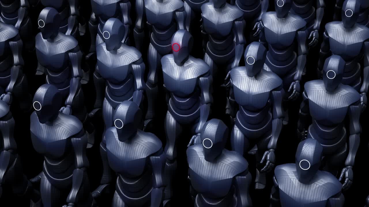 un grupo de robots guerreros de alta tecnología de metal caminando lentamente.