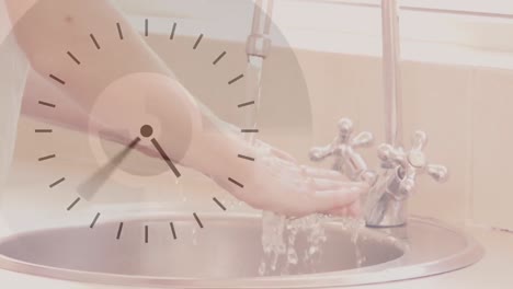 Animation-of-a-clock-with-fast-moving-hands-over-woman-washing-her-hands-