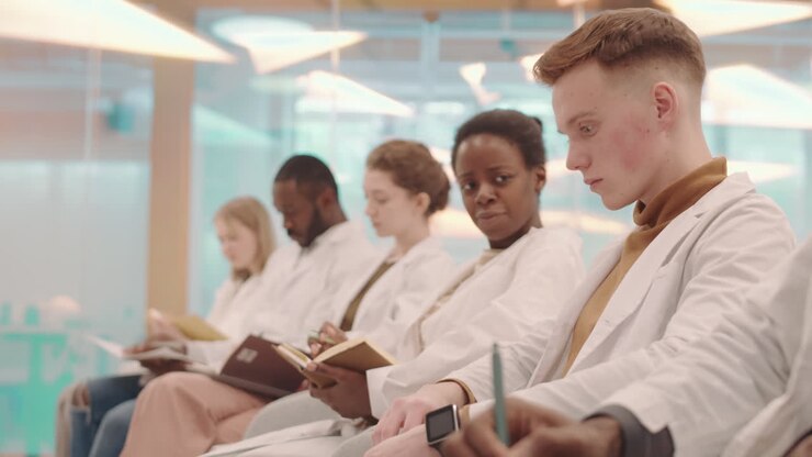 Giovane studente di medicina che dorme durante una lezione