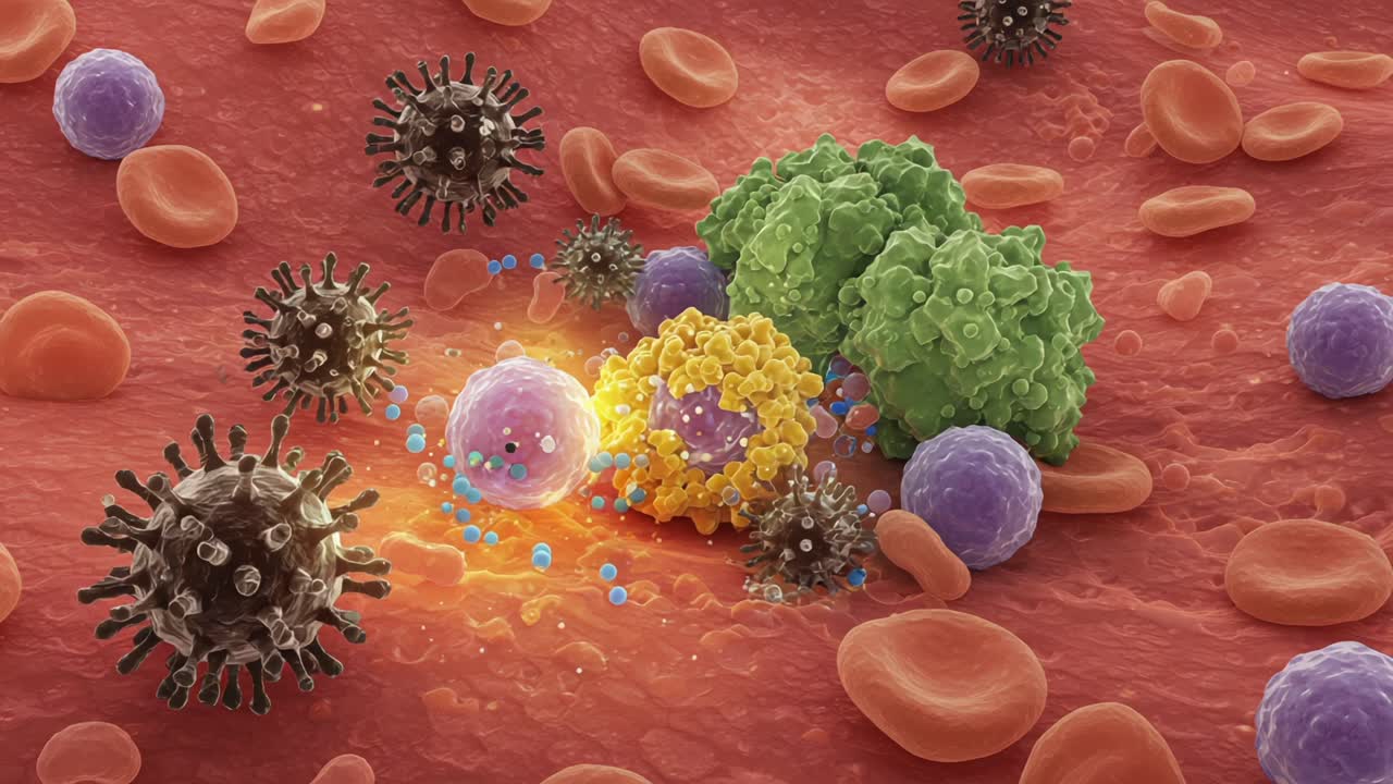 Microscopic View of Immune Response: The Intricate Battle Between Immune Cells and Pathogens in Human Bloodstream Illustrated in Vibrant Detail