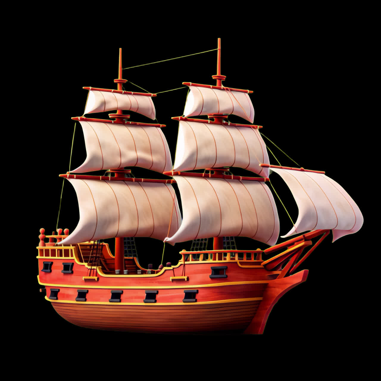 Vintage sailing ship illustration animation isolated asset, transparent 4K video, alpha channel