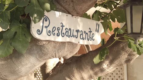 restaurant sign hanging on a fig tree