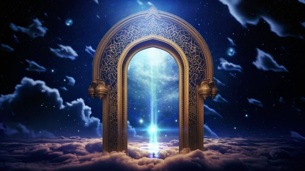 Ornate golden door with intricate patterns set in a dreamy night sky above clouds