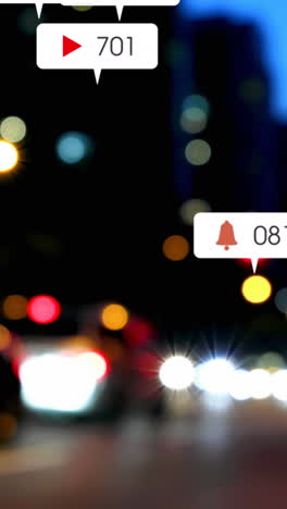 animación de iconos y números de redes sociales sobre el tráfico vial y el paisaje urbano
