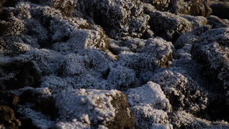 Primer-Plano-De-Rocas-Heladas-Junto-Al-Cráter-Eldvörp-Con-Nieve-Ligera